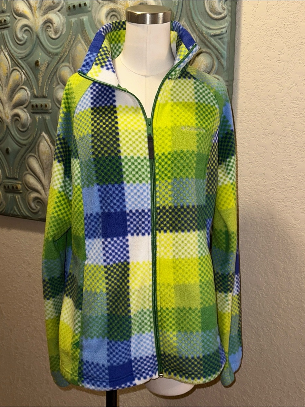 Columbia Women’s Large Full Zip Fleece Jacket Green Blue Plaid Outdoor Hiking